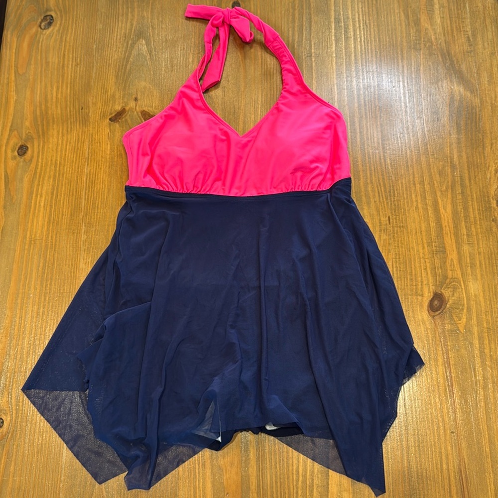 NWOT women’s modest size Large swimsuit pink & navy halter top romper dress mesh